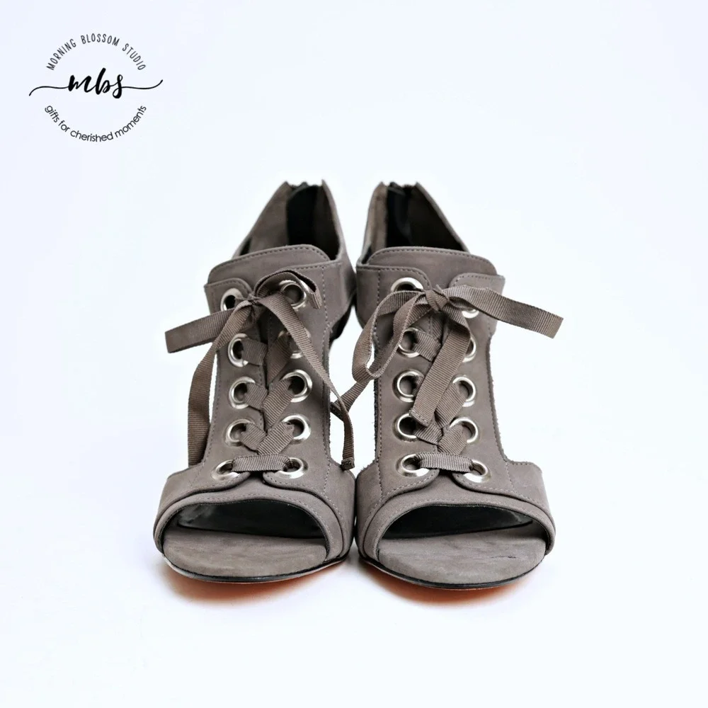 Klub Nico Tinka‎ Open Casual Chic Suede Block Lace-Up Heeled Sandals Grey 7